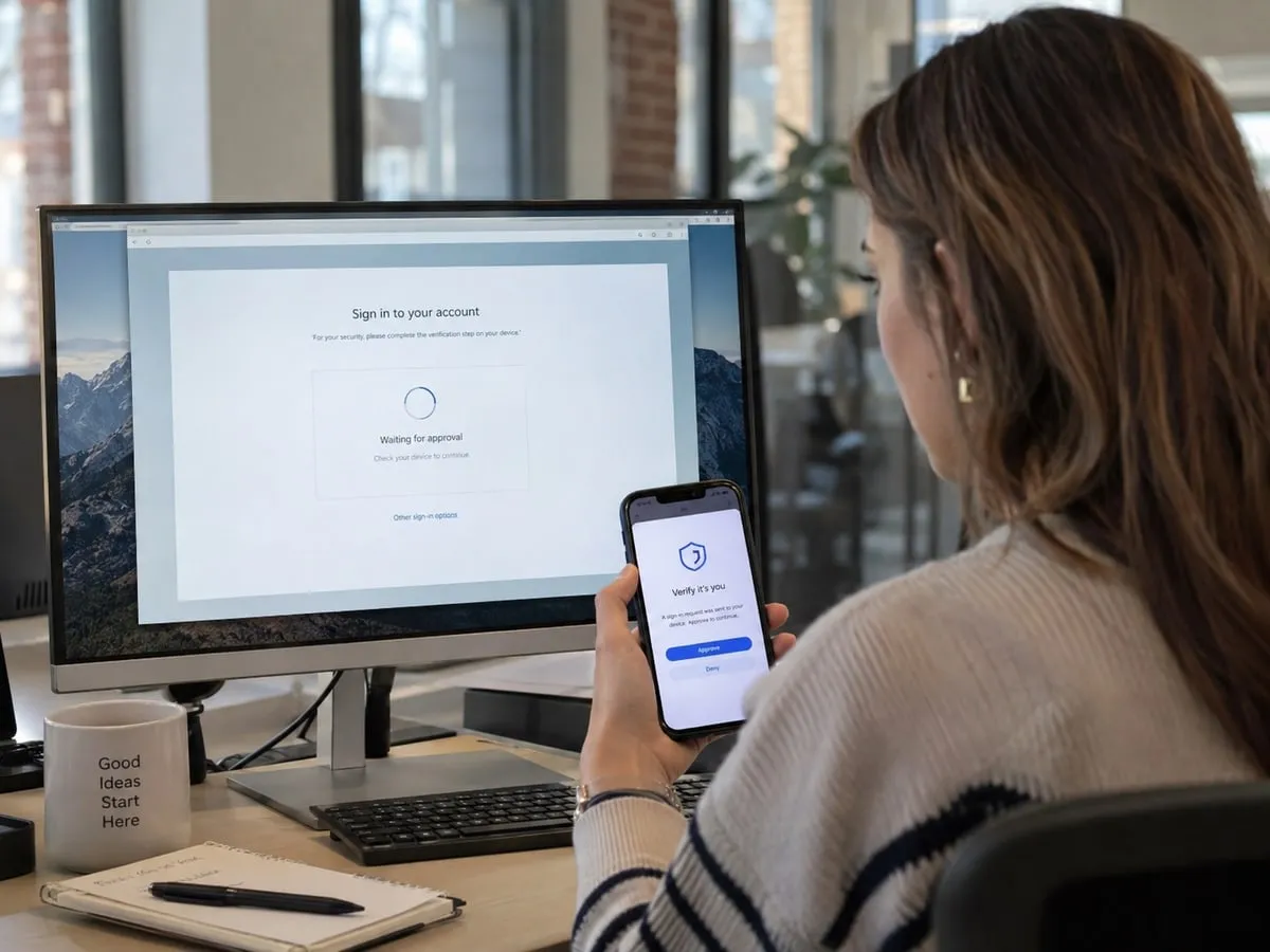 Someone at a desk holding a phone that asks them to approve a sign-in, while the monitor behind waits for approval.